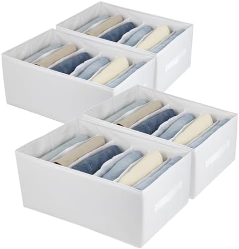 4 pcs Large Clothes Organizer 5/6 Grids for Jeans, Pants, T-shirt, Sweater, Foldable Closet Storage Bins Closet Shelf Organizer Container (4pc White, 6 Grids / 17.3×11.8×7.8")
