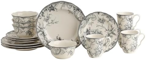 222 Fifth Adelaide 16-Piece Casual Grey Porcelain Dinnerware Set â€“ Service for 4, Classic Toile Bird & Floral Design, Microwave & Dishwasher Safe, for Everyday Dining & Entertainment