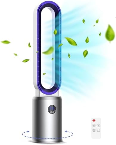 38" Bladeless Fan, Bladeless Tower Fan with Remote, 24 Speeds, 12 Hour Timer, 60°Oscillation, Easy to Clean, Quiet Cooling Fan for Home Office Bedroom (Silver+Purple)