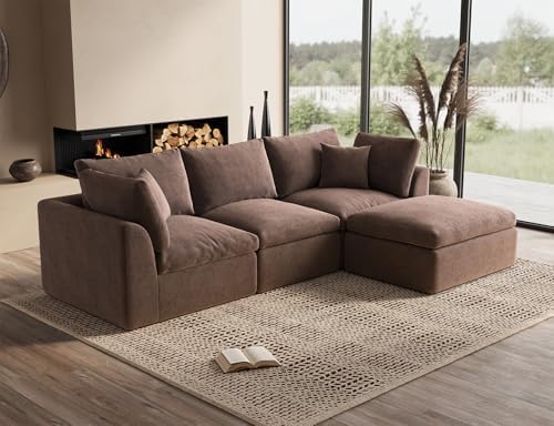 110" Cloud Sectional Couches for Living Room, Boneless L-Shape Couch with Ottoman, 3 Seater Modular Sectional Sofa, Brown