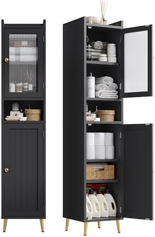 Bathroom Storage Cabinet, Slim Bathroom Storage Cabinet with 6 Shelves & 2 Doors, Linen Cabinet for Bathroom, Kitchen, Laundry Room, Black
