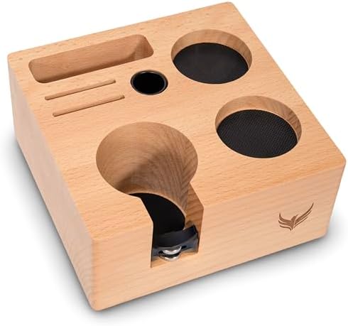 54mm Tamping Station V3 Beech Wood Portafilter Stand Espresso Organizer for Breville Machines with Tamper Holder, Distributor Slot, and Multi Accessory Storage
