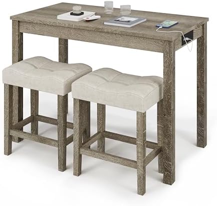 3-Piece Counter Height Bar Table Set with Socket and 2 Fabric Padded Bar Stools, Tall Kitchen Breakfast Dining Table Set with Stools (1+2 Natural)