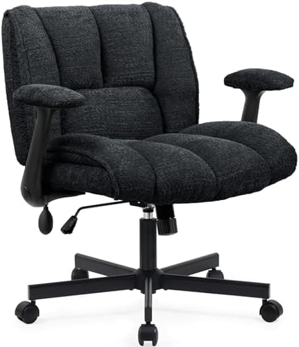Criss Cross Legged Office Chair with Flip-Up Arms and Wheels, Wide Seat Desk Chair with Built-In Dynamic Airbag Lumbar Support, Modern Cross-Leg Chair for Home Office, Apartment, Vanity, Black