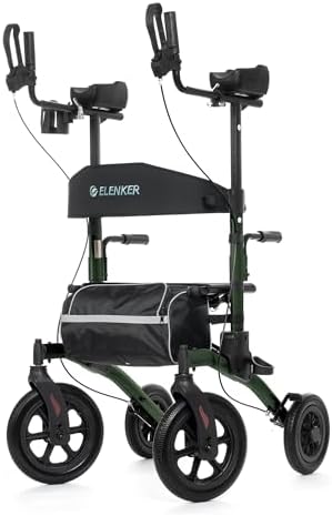 ELENKER All-Terrain Upright Rollator Walker, Stand up Rolling Walker with Seat, 12” Non-Pneumatic Tire Wheels, Compact Folding Design for Seniors, Green