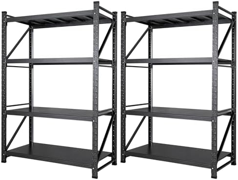 Set of 2 Storage Shelves, 4 Tier Heavy Duty Garage Shelving Units, 48” Wide Rack Shelf, 3000LBS Steel Industrial Shelving, 24” Deep Adjustable Standing Shelf for Warehouse 24" D x 48" W x 70" H Black