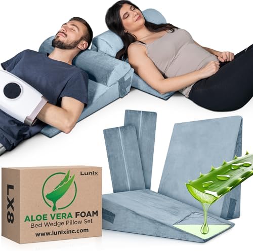 Lunix 4pcs Orthopedic Bed Wedge Pillow Set, Post Surgery Aloe Vera Memory Foam for Back, Leg, Knee Pain Relief, Adjustable Sitting Pillow for Sleeping, Acid Reflux, GERD, with Hot Cold Pack, Gray