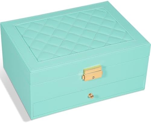 GUOER Jewelry Box for Women Girl Wife - Large PU Leather Jewelry Organizer Storage Case with Two Layers Display for Earrings Bracelets Rings Watches (Teal)