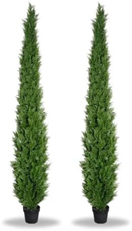 8 Feet Pre-Potted Evergreen Outdoor Artificial Cedar Tree for Front Porch Decor, Outdoor Entryway Decor Fake Tree, Tall Faux Tree with UV Resistant Coating (2 Pack)