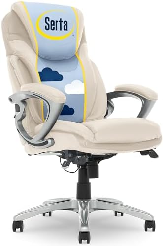 Serta Bryce Executive Office Chair, Ergonomic Computer DeskChairs with Patented AIR Lumbar Support, Comfy Body Pillows, Height Adjustable, Swivel Base with Wheels, Bonded Leather, Cream White