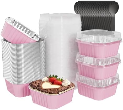50 Pack Square Mini Cake Pans with Lids,Mini Loaf Pans with Lids,Aluminum Foil Baking Cups,Disposable Ramekins Cupcake Cups,Dessert Cups for Wedding Birthday Party Picnics,5oz (Pink)