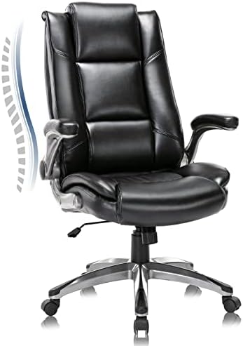 COLAMY Leather Executive Office Chair - High Back Home Computer Desk Chair with Padded Flip-up Arms, Adjustable Tilt Lock, Swivel Rolling Ergonomic Chair for Adult Working Study, Black