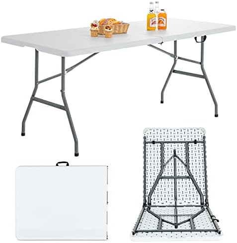 Goplus 6ft Folding Table, Indoor Outdoor Foldable Plastic Folding Tables, Heavy-Duty Rectangular Fold Up Table w/Handle, Portable Utility Card Table for Picnic, Party, Dining, Camping, Beach, White