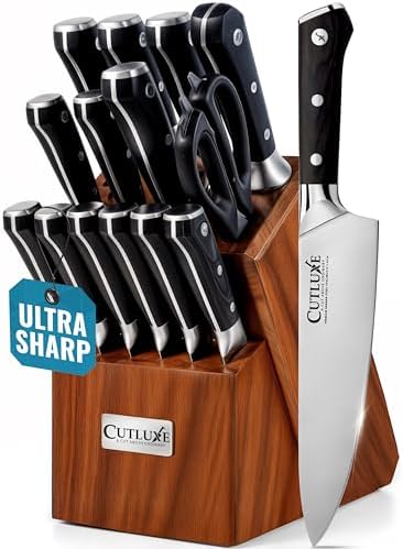 Cutluxe 15-Piece Knife Set â€“ Premium Acacia Wood Block â€“ Knife Set for Kitchen, Ultra Sharp High Carbon German Stainless Steel, Full Tang â€“ Artisan Series