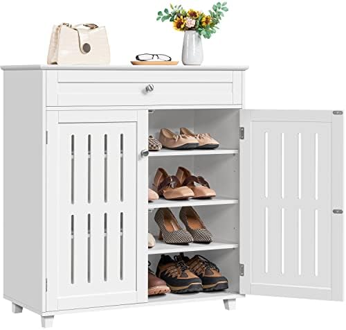 Yaheetech Shoe Cabinet, 4-Tier Shoe Storage Cabinet with Drawer & Adjustable Shelves, Wooden Shoe Rack Organizer with Louvered Doors for Entryway, Hallway, Bedroom, Closet, Living Room, White