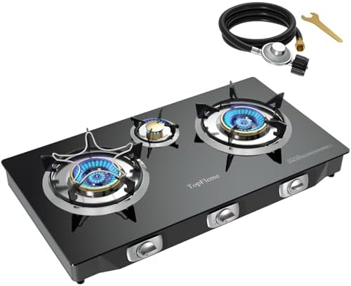 3 Burner Propane Stove 32,300 BTU High-Efficiency Tempered Glass Auto-Ignition Gas Burner Stove Top with CSA Hose for Outdoor RV Camping Emergency Cooking