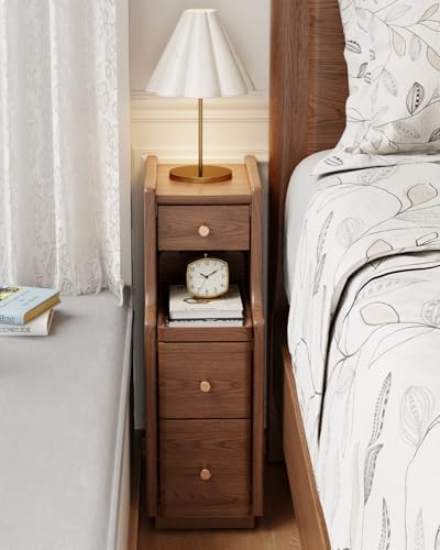 Narrow Nightstand with 3 Drawers,Solid Wood Nrrow Bedside Table Walnut, Modern Skinny Nightstand for Bedroom(Fully Assembly)
