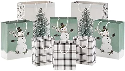 Hallmark Christmas Gift Bag Assortment (8 Bags: 3 Small 6", 3 Medium 9", 2 Large 13") White and Sage Green with Rustic Snowman, Plaid, Evergreen Tree for Christmas, Winter Weddings, Birthdays