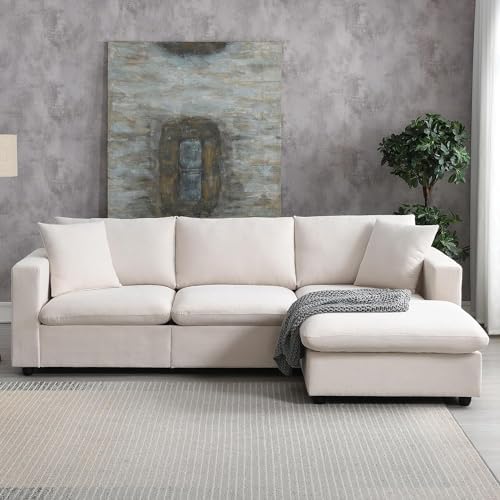 100.4" Beige Cloud Couches for Home Living Room Sofa Set, Modern L Shaped Sectional Couch with Convertible Ottoman, 4 Seater Comfy Polyester Fabric Modular Sofa for Apartment Bedroom Office