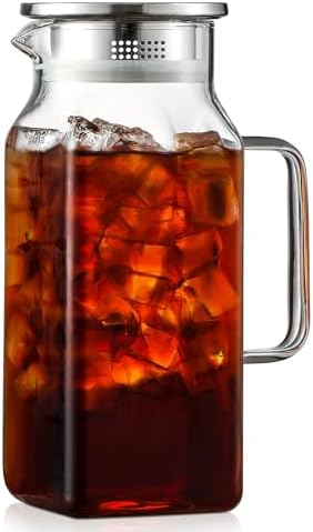 40 oz,1.2Liter Square Glass Pitcher with Lid and Spout, Breast Milk Pitcher with Handle for Fridge, Borosilicate Glass Carafe for Hot/Cold Drink, Small Jug for Iced Tea, Coffee,Water Storage Container