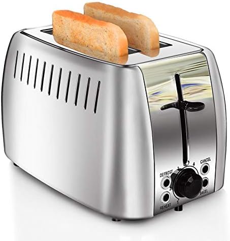 Toaster 2 Slice Stainless Steel Bagel Toaster Extra Wide Slots with 6 Browning Setting, Bagel/Reheat/Defrost/Cancel Function for Toasting Bread, Bagels and Waffles, 750W, Silver