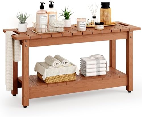 35" Shower Bench, Waterproof Poly Lumber Shower Stool for Shaving Legs, Shower Chair Seat Holds up to 400lbs, Bathroom Bench for Inside Shower, Non-Slip (Brown)