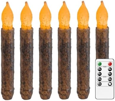 6.5'' Real Wax Primitive Candles Hand Dipped Rustic Flameless Taper Candle with Timer Remote for Vintage Home Kitchen, Country Room, Christmas Halloween Decor