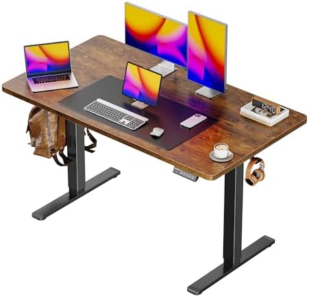 Huuger 48 x 28 Large Electric Standing Desk, Height Adjustable Desk, 27.6" Deep Desktop, Stand up Gaming, 2 Hooks, 3 Preset Heights, for Home Office, Rustic Brown