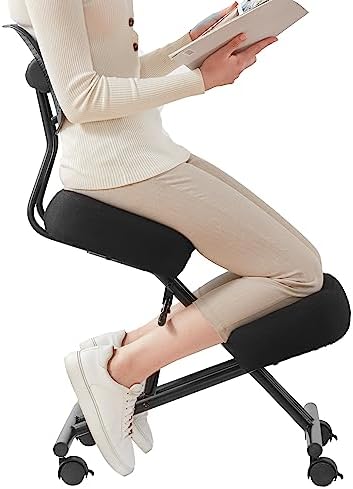 Ergonomic Kneeling Chair with Back Support, Ergonomic Kneeling Tool with Brake and Smooth Gliding Casters, Adjustable Stool for Home and Office, Posture Chair to Relieve Back Pain, Black Linen