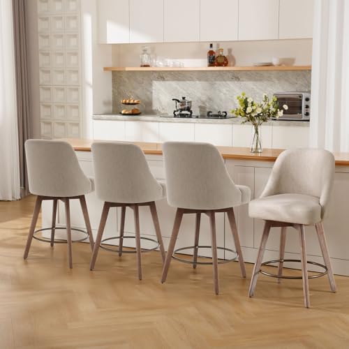 Bekrvio Counter Height Bar Stools Set of 4, Modern Mid-Century Swivel Barstools with Backs and Wood Legs, Linen Fabric Upholstered Bar Chairs, 26" Seat Height Counter Stools for Kitchen Island, Sand