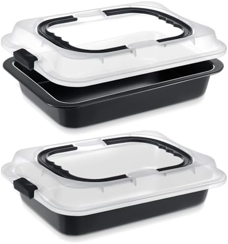 Cake Baking Pan with Lid and Handle, 9 x 13 Inch Non-stick Rectangle Sheet Cake Pan Carrier for Brownie Roasting Cooking Baking(Black,2 Pcs)