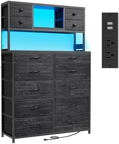Black Dresser with 14 Fabric Drawers, Dresser for Bedroom with Charging Station and LED Lights,Dressers & Chests of Drawers for Bedroom, Steel Frame & Wooden Top, Entryway