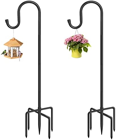 36 Inch Shepherds Hooks for Outdoor, Heavy Duty Bird Feeder Pole with 5 Prong Bases, Garden Hanging Stake for Bird Feeder, Solar Light, Plant Hanger, Wedding Decor, Metal Hanger Hooks, Black, 2 Packs
