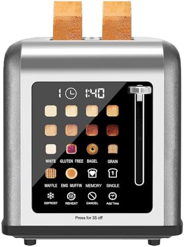 2 Slice Toaster Touch Screen, Stainless Steel Toasters Digital Timer 2 Slot Toasters, 8 Shade Settings 6 Bread Types for Bagel, Cancel, Defrost（Stainless Steel）