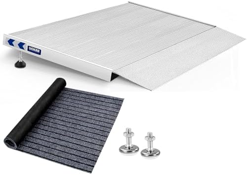 Aluminum Threshold Ramp for Wheelchairs, 1.6-4.7" Rise Door Ramps for Doorways, 36'' Width Portable Self Supporting Entry Handicap Ramp for Uneven Surfaces with a Non-Slip Thick Door Mat