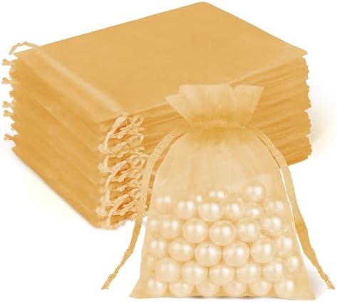 Crweety 50 Pcs 3x4 Inch Gold Organza Bags, Small Mesh Gift Bags Drawtring for Wedding Favor Bridal Shower Party Favor, Luxury Jewelry Pouches for Holiday & Christmas Gift Wrap