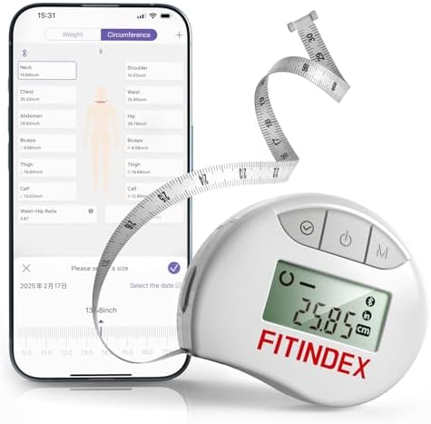 FITINDEX Body Measuring Tape, Accurate Bluetooth Measuring Tape for Body Measurements, Smart Body Tape Measure Retractable with 12 Body Parts Measure for Weight Loss Fitness Muscle Gain, Sync with APP