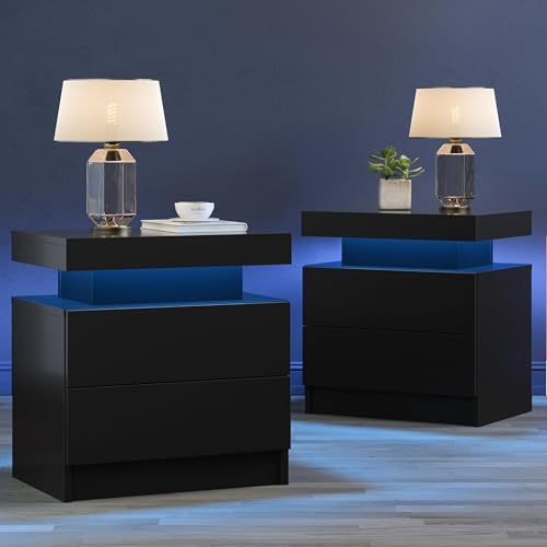 Black LED Nightstand Set of 2,Modern Night Stand Set 2,Multi-Color LED Light Strip,Slient Slide Drawer,Large Capacity Storage,Small Space Solution,Bedside Table for Bedroom,Black