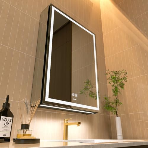 LED Lighted Bathroom Medicine Mirror Cabinet with Sockets & USBs, Anti-Fog Dimmable Light and Color Adjustment, Antirust and Easy to Install Aluminum Cabinet (Right Hinge, 28" L x 20" W)