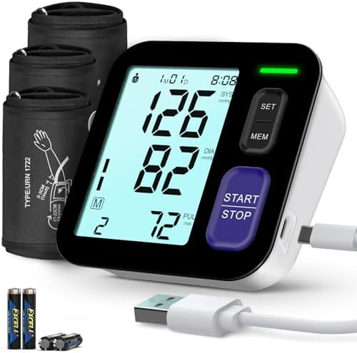 Blood Pressure Machine Upper Arm, 3 Size Cuffs, S, M/L and XL, Small 7"-9", Medium/Large 9"-17" and Extra Large X-Large Cuff 13"-21", Accurate Automatic Digital BP Monitor Home Use, Large Backlit LCD