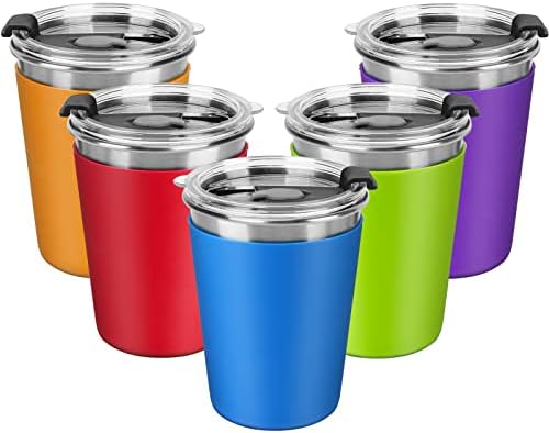 Kids Stainless Steel Cups, 12oz Kids Metal Drinking Glasses with Lids and Sleeves, Unbreakable Spill Proof Cups for Kid and Adult, Stacking Sippy Cups for Hot Chocolate & Cold Drinks 5Pack