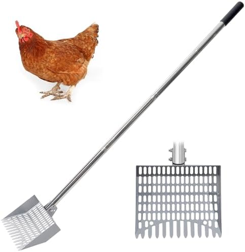 Chicken Poop Scooper Sturdy Spring Steel Chicken Coop Scoop Heavy Duty 38 to 66" Adjustable Sifting Shovel for Chicken Coop with Long Stainless Steel and Rubber Handle