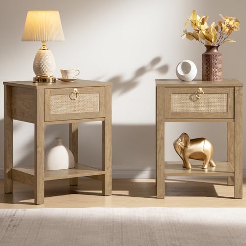 SICOTAS Rattan Nightstand Set of 2, Rattan Decor Drawer with Brass Knobs Night Stand Bedside Table Boho End Tables Side Tables with Storage Shelf for Bedroom,Small Space