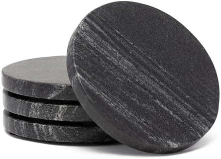 Thirstystone 4 Pack Natural Black Marble Round Coasters with Protective Felt Feet on The Bottom 4" Diameter Elegant Heat Tolerant Easily Wipes Clean