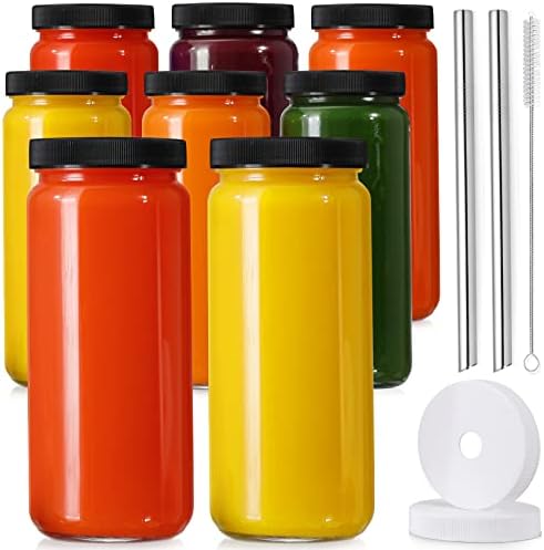 [ 8 Pack ] Glass Juicing Bottles with 2 Straws & 2 Lids w Hole- 16 OZ Travel Drinking Jars, Water Cups with Black Airtight Lids, Reusable Tall Mason Jar for Juice, Bubble Tea, Smoothie, Tea, Kombucha