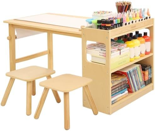 Kids Art Table and 2 Chairs Set with Roll Paper & Storage, Wooden Kid Craft Table for Drawing, Learning and Reading, Toddler Activity Play Desk for Home, Playroom or Classroom