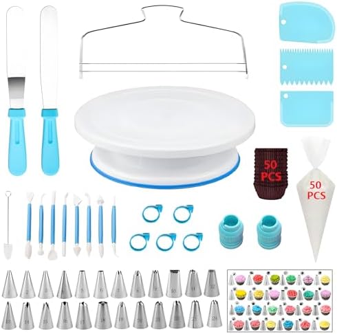148 Pcs Cake Decorating Kit with Cake Turntable,Cake Leveler,24 Numbered Icing Piping Tips,2 Spatulas,3 Comb Scrapers,2 Couplers,5 Bag Ties,50 Pastry Bags,50 Cupcake Liners