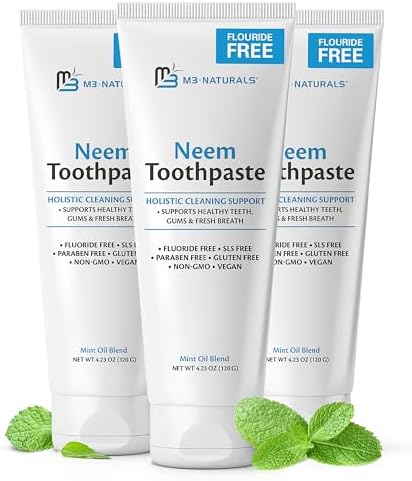 Fluoride-Free Neem Toothpaste with Mint for Adults & Kids with Sensitivity | Vegan, Gluten & SLS Free Herbal Formula for Sensitive Teeth, Healthy Gums and Fresh Breath | 4.23 oz (120g) Pack of 3