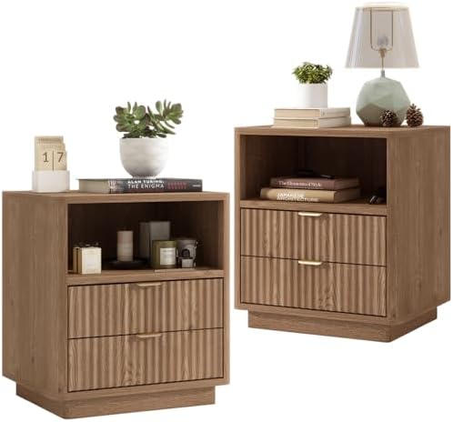 Fluted Night Stand Set of 2, Large Nightstand with Drawers and Storage Shelf - Wooden Bedside Table End Table for Bedroom Sofa, Natural Oak (2 Pieces)