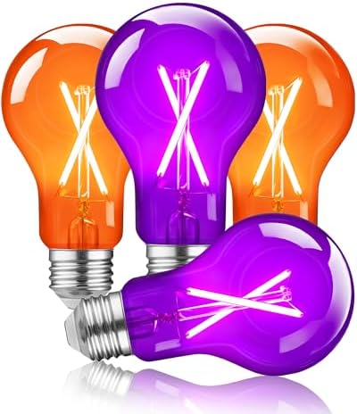 Orange and Purple Light Bulbs, 60W Equivalent E26 LED Filament Light Bulbs, A19 Dimmable Light Bulb, LED Edison Bulb 8W, Orange Purple Halloween Light Bulb for Yard, Porch, Pathway, Christmas, 4 Pack